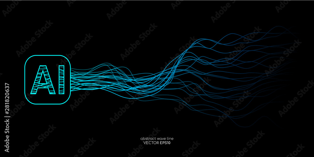 Poster AI Artificial intelligence wave lines neural network with AI lettering in green and blue colors on black background. Vector in concept of technology, machine learning, A.I.