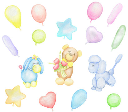 bear, dog, donkey, balloons. cet,  is cute. Watercolor drawing. a balloon toy. Holiday card.