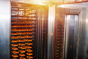 Hot fresh pastries leaves the oven in a bakery.