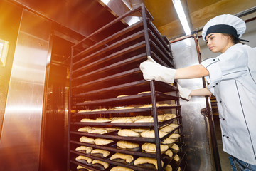 baker girl inserts a cart with baking sheets with raw dough into an industrial oven in a bakery.