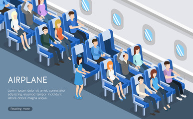 Isometric 3D vector illustration interior plane with passengers for landing page