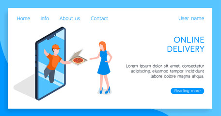 Isometric 3D vector illustration fast online food delivery through the app