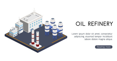 Isometric 3D vector illustration oil refinery and industrial warehouse building