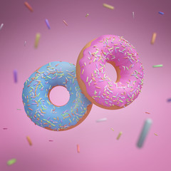Pink and blue donuts with frosting in motion. Donut with glaze flying over pink background with colorful sprinkles falling down. Creative square pastel 3d illustration