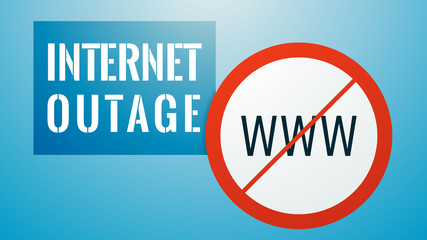 Internet outage concept. No internet illustration. White stencil inscription on blue background. Letters www in red ban circle