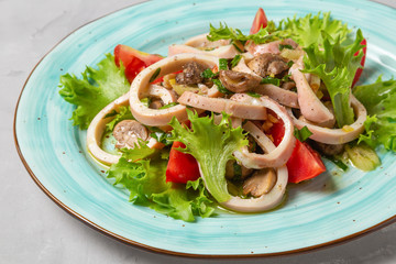 Salad of squid, mushrooms, and vegetables. 