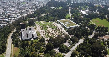 De young museum california academy of sciences at golden gate park garden in san francisco city camera move forward