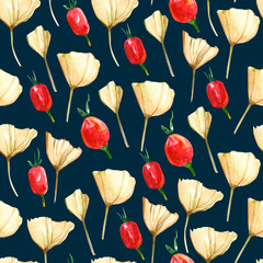 Watercolor fall seamless pattern. Hand drawn autumn texture with leaves, berries element on white background. Natural raster wallpaper on dark background