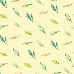 Watercolor seamless pattern autumn ornamental forest with leaves and branches. Greenery floral. Botanical illustration on color background.