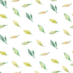 Watercolor seamless pattern autumn ornamental forest with leaves and branches. Greenery floral. Botanical illustration.