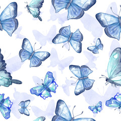 Obraz na płótnie Canvas Blue butterflies. Seamless pattern. Watercolour in trendy style. Fantasy illustration. Trendy decor. Watercolour card background. Watercolour print.