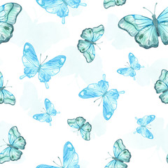 Blue butterflies. Seamless pattern. Watercolour in trendy style. Fantasy illustration. Trendy decor. Watercolour card background. Watercolour print.