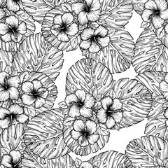 Hand drawn tropical hibiscus flower. Seamless floral pattern with palm leaves on white background. Exotic engraving wallpaper for textile, surface design or banner. Great template for coloring book.