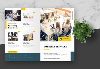 Bifold Brochure Layout with Blue and Yellow Accents