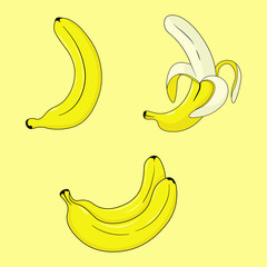 Vector illustration. Beautiful, bright, cartoon set with bananas. Light yellow background. 