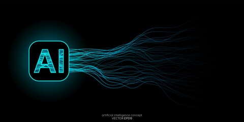AI Artificial intelligence wave lines neural network with AI lettering in green and blue light isolated on black background. Vector in concept of technology, machine learning, A.I.