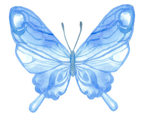 Watercolor illustration. Blue butterfly. Fantasy watercolour, great design for any purposes. Colorful fantasy wallpaper.