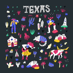 Texas comic flat hand drawn vector illustrations set. Wild west cartoon attributes isolated on dark background. Western american culture. Cactuses, cowboy, animals, country doodle drawings pack