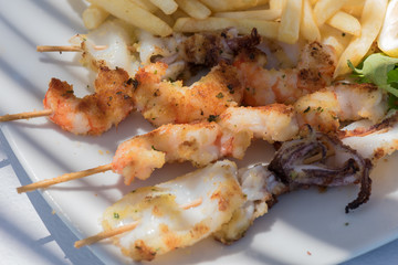 Squid skewers close up