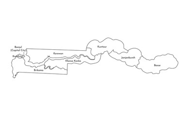Vector isolated illustration of simplified administrative map of Gambia. Borders and names of the regions. Black line silhouettes