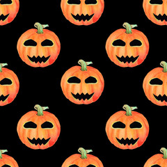 Seamless hand drawn  watercolor pattern. Pumpkins on black background