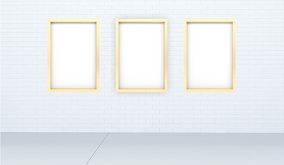 3D Rendering llustration minimalism interior of blank black photo frame hanging on white tile wall ,for you