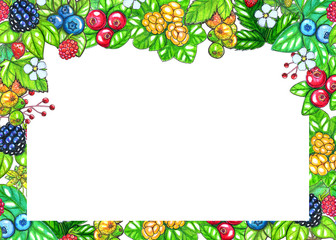 Hand painted watecolor template with berries and leaves isolated on white background. Perfect for design, textile, cards, invitations and other projects