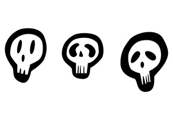 Halloween icons: thin monochrome icon set, black and white kit. Creepy and funny jack face, bat, lettering.