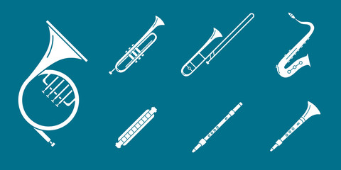 Music instruments Icons set - Vector solid silhouettes of wind instruments, saxophone, sax, tube, mouth organ and flute for the site or interface © Pavel-reDesign