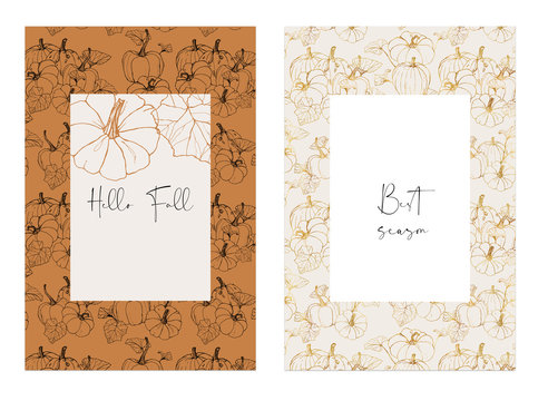 Watercolor Hello fall and Best season card with golden pumpkins. Hand painted fall gourds with leaves isolated on white background. Botanical line art illustration for design or print.