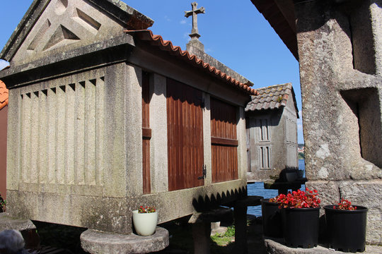 Beautiful village of Combarro in Spain unique for its horreos, traditional granary barns