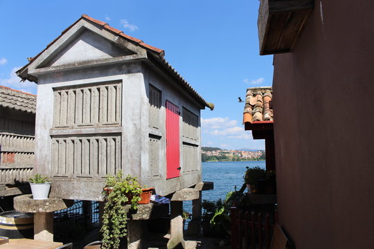 Beautiful village of Combarro in Spain unique for its horreos, traditional granary barns