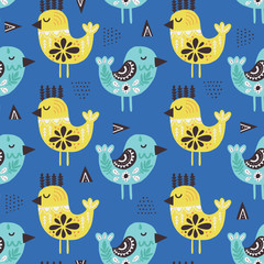 Birds in ethnic style flat vector seamless pattern