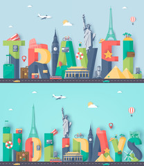 Travel composition with famous world landmarks. Travel and Tourism concept. Vector