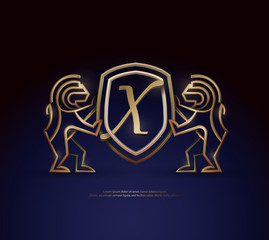 3d golden vintage X letter lion shield crest monoline logo template