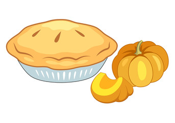 Thanksgiving And Holiday Pumpkin Pie. American Pie On Plate And Pumpkin Vector Illustration Isolated On White.