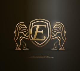 3d golden vintage E letter lion shield crest monoline logo template