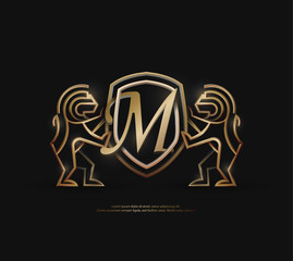3d golden vintage M letter lion shield crest monoline logo template