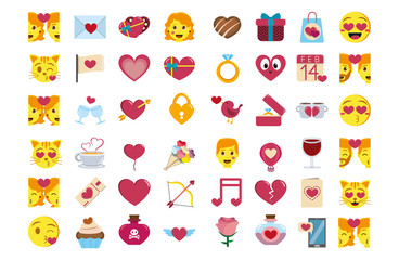 Vector set cute kawaii saint valentine emojis colorful isolated