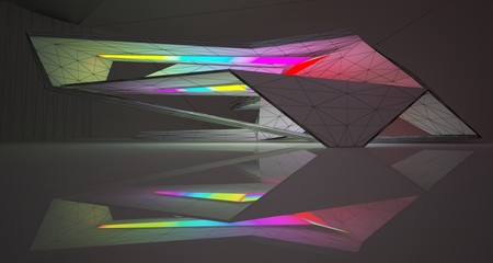 Abstract architectural drawing white interior of a minimalist house with color gradient neon lighting. 3D illustration and rendering.