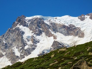 Monte Rosa with its glacier near the village of Macugnaga, Italy - July 2019.