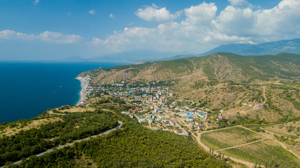 Fototapeta na wymiar Crimea landscape: aerial view of vineyards in the lowlands of the mountain. Crimean vineyards.