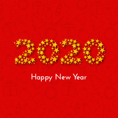 Holiday New Year 2020 gift card with numbers of golden stars on red background with Christmas icons. Template for a banner, poster, invitation. Vector illustration