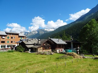 The architecture of the small town of Macugnaga and its hamlets, in the Italian Alps - July 2019.