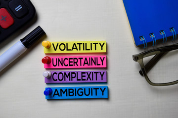 Volatility Uncertainly Complexity Ambiguity - VUCA text on sticky notes isolated on office desk