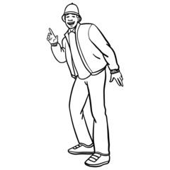 Oldschool hip hop breakdancer in bboy stand. raises his finger in the air. character design, outline, skech.