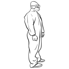 Fototapeta premium Character illustration of a man in protective suit and goggles. nuclear power station worker, occupation, doodle, outline, sketch.