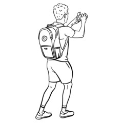 outline vector drawing of a man with backpacks and camera in hand from behind. Back view, tourist, doodle.