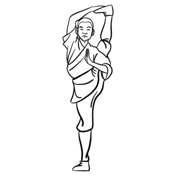 Hand drawn vector illustration of a comic shaolin monk in old traditional clothes standing there.