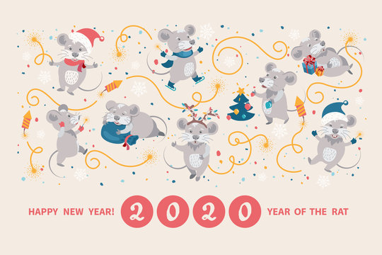 Greeting card with cute cartoon rats, symbol of 2020 Chinese New year. Rats in Santas hats and mittens cheerfully celebrating, decorating the Christmas tree, preparing gifts, lighting sparkler